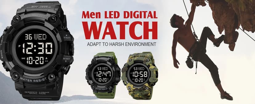 FANMIS Men's Digital 50M Waterproof Electronic Sport Watch Rubber Band Army Military 24H Time LED Light 164FT Water Resistant Calendar Date Day Watches
