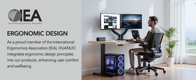 HUANUO FlowLift™ Dual Monitor Stand, Fully Adjustable Gaming Monitor Desk Mount for 13–32″ Computer Screens, Full Motion VESA 75x75/100x100 with C-Clamp & Grommet Base, Each Arm Holds 4.4 to 19.8 lbs
