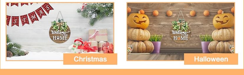 Interchangeable Seasonal Welcome Sign Front Door Decoration, Rustic Round Wood Wreaths Wall Hanging Outdoor, Farmhouse, Porch, for Spring Summer Fall All Seasons Holiday Halloween Christmas.