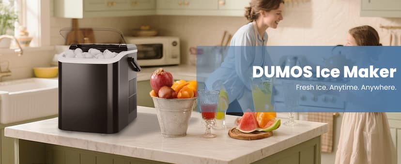 DUMOS Countertop Ice Maker with Handle, 26lbs/24H Portable Ice Machine, 9 Bullet Cubes Ready in 6 Mins, Self-Cleaning, Quiet Compact for Home, Kitchen, RV, Camping, Bright Black