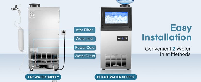Commercial Ice Maker Machine, 100LBS/24H Freestanding & Undercounter Ice Machine with 2 Water Inlets, 40 PCS/Cycle and 24LBS Storage Bin, Stainless Steel, LED Display & Self-Cleaning for Home Bar