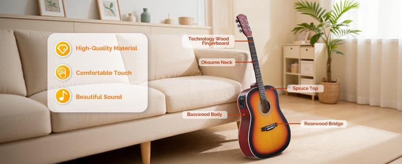 GLARRY 41in Full Size Acoustic Electric Guitar Beginner Kit with 15W Amp, 5-band EQ Dreadnought Design 6 Strings Electric Acoustic Guitar with Bag, Strap, Picks, Strings, Wrench, Sunset Color