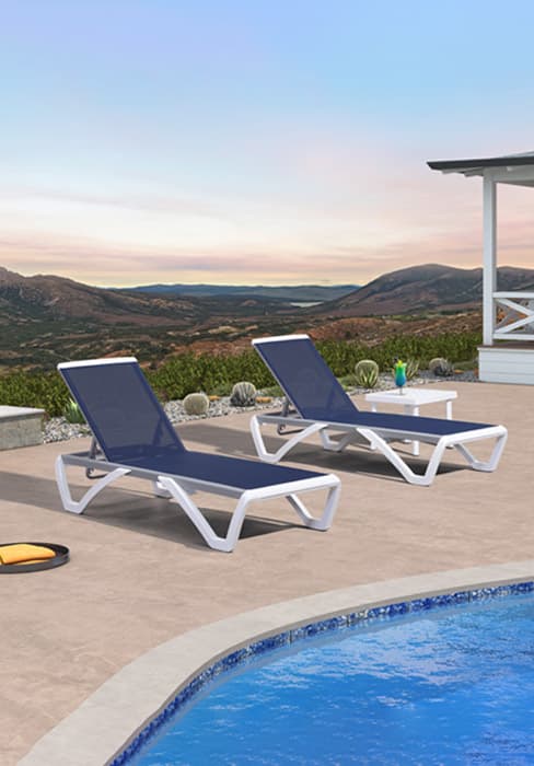 PURPLE LEAF Patio Chaise Lounge Chair Set of 3 Outside Aluminum Plastic Stackable Tanning Chairs with Armrests and Side Table for Pool Sunbathing Beach Deck Outdoor Lounger, Navy Blue