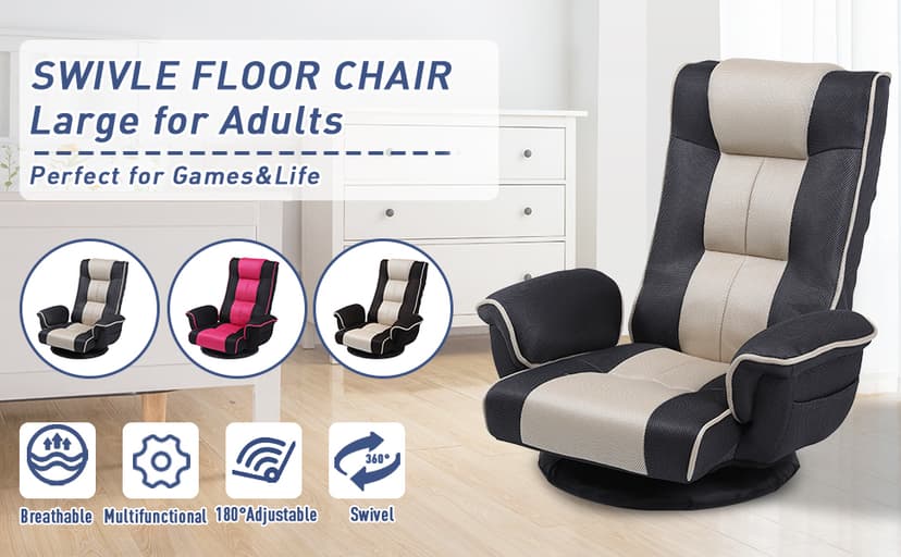 360 Swivel Gaming Floor Chair with Armrest Multi-Angle Folding Floor Chair Padded Backrest Lazy Sofa Lounge Chair for Living Room, Home Office QL201W-US-GR