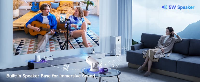 Mini Projector 4K support with WiFi 6 and Bluetooth 5.4, 5w Soundbase Speaker, Auto Vertical Keystone 180°Rotatable Portable Proyector for Home Bedroom Outdoor HY300Pro+
