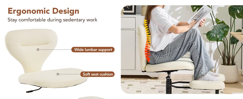 YFO Ergonomic Cross Legged Office Chair and ADHD Meditation Chair with Silent Wheels for Home Office Desk Chair and Yoga, Wider Backrest Support and Storage Pockets Design, PU Leather, Cream
