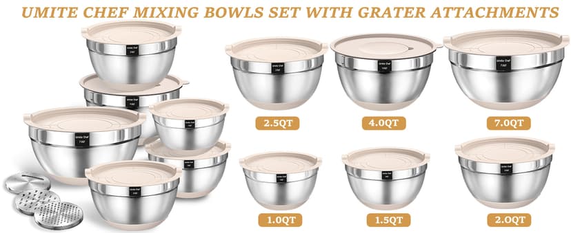 Mixing Bowls with Airtight Lids Set, 26PCS Stainless Steel Khaki Bowls with Grater Attachments, Non-Slip Bottoms & Kitchen Gadgets Set, Size 7, 4, 2.5, 2.0,1.5, 1QT, Great for Mixing & Serving