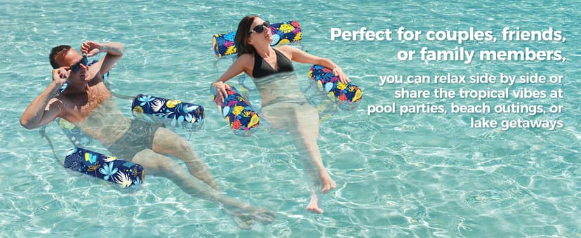 Sunikko X Pool Floats Adult 2 Packs Fabric Heavy Duty Inflatable Pool Chair Hammock, Blow Up Floaties for Adults, Hawaii Flower Floats for Pool Floating, Party Summer Toys Water Beach Lake Fun