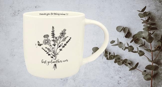 Best Godmother Ever Mug 12 Ounces Ceramic Coffee Cup Floral Beige with Keychain, Gift for Godmother Birthday, Mother’s Day, Christmas from Godchild