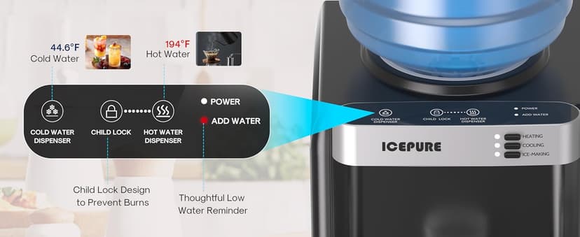 ICEPURE Water Cooler Dispenser with Build-in Ice Maker, Hot and Cold Water Dispenser with Bullet Ice Maker, 33lbs/24H, Child-Lock,Top Loading