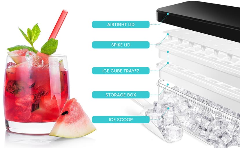 Ice Trays for Freezer with Lid & Bin, Ice Cube Tray Making 64 pcs Ice Cubes, Easy Press to Release Ice, Ice Tray with Storage Bin Chilling Cocktail Whiskey Coffee 2 Trays 1 Ice Bucket & Scoop (Black)
