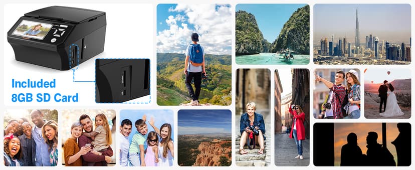 Film & Photo Scanner with 5" LCD Screen, Converts Photo, 135/110 Film Negatives & Slides, Business Card to 22MP Digital Photos, 8GB SD Card Included