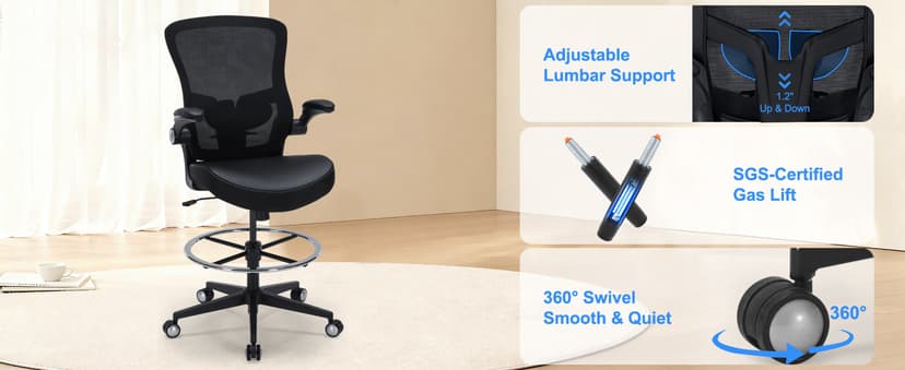 Drafting Chair 400lbs Heavy Duty Tall Office Chair Big and Tall Ergonomic Standing Desk Chair with Lumbar Support and Adjustable Footrest Ring, Comfy Mesh Wide Chair with Flip-up Armrests, Black