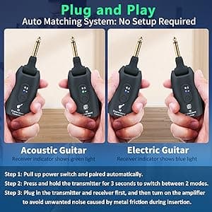 A9 Wireless Guitar System - 2.4GHz Guitar Accessories Transmitter Receiver, 24-bit 48KHz Audio, 100ft Range, No Latency, 4-Hour Rechargeable Battery, for Electric Bass (Black(1TX+1RX))