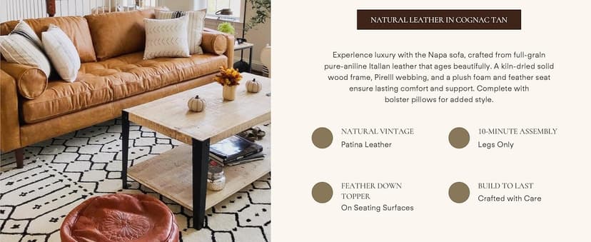 POLY & BARK Napa 88.5" Leather Sofa – Full-Grain Italian-Tanned Aniline Leather, Feather-Down Comfort, Solid Wood Frame, Walnut Legs, Cognac Tan