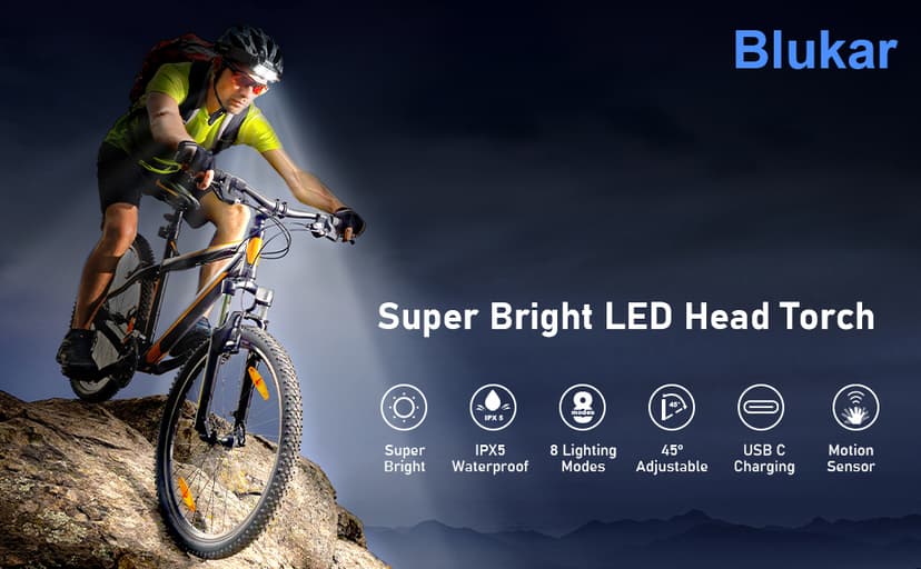 Blukar LED Headlamp Rechargeable,2000L High Lumen Super Bright Dimmable Headlight Flashlight with Motion Sensor- 8 Modes,Spotlight&Floodlight,IPX5 Waterproof for Camping,Hiking,Running,Fishing -2 Pack