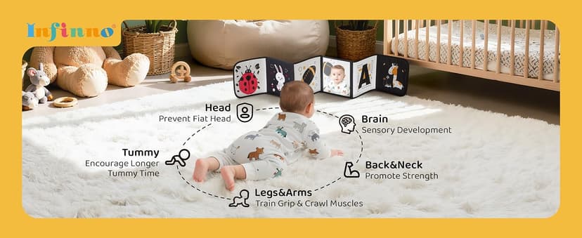 Newborn visual stimulation 0-6 months, Montessori sensory play, soft crinkle pages, folds flat, ties to crib and stroller Infinno High Contrast Baby Book, Black and White, Tummy Time Mirror Toy B0DHH7LGZT