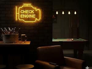 Check Engine Light Neon Sign for Man Cave Decor, LED Garage Wall Art, Funny Gifts for Dad & Car Guys, Man Cave Auto Repair Shop Mechanics Workshop Sign, USB Powered(15.7x11.8in,Yellow) B0BK972XV2