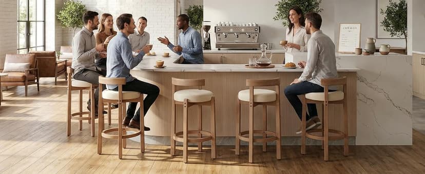 LukeAlon Mid Century Linen Counter Stools Set of 3, Upholstered 26.5" Seat Height Low Barstools with Natural Wood Legs Round Low Back Kitchen Stools with Footrest for Dining Room, Beige