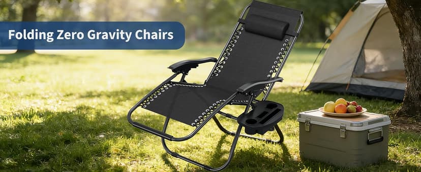 Garvee Zero Gravity Chair Set of 2, Patio Lounge Chair Outdoor with Pillow & Cup Holder Tray, Adjustable Reclining Chair, Folding Portable Camping Chair for Deck, Beach, Yard, Garden - Black