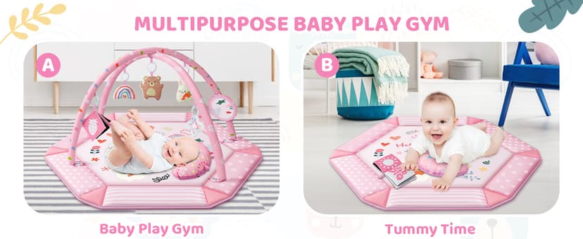 Baby Gym Play Mat, 8-in-1 Tummy Time Mat & Ball Pit with 6 Toys, Washable Baby Activity Mat for Visual, Hearing, Sensory, Motor Development, Babies Gift for Newborn Infant 0-3-6-9-12 Months (Pink)