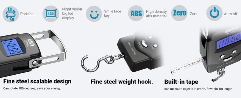 Fish Scale Luggage Scale Fishing Gear - 110lb Backlit LCD Display Digital Scale with Built-in Measuring Tape - Fishing Scale with 2 AAA Batteries, Pocket Size - Fishing Gifts for Men