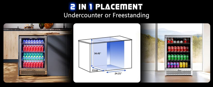 Albott Beverage Refrigerator-24 In fridge with Glass Door, Adjustable Shelves and LED Touch Panel, Under Counter Design for Wine Beer, Built-In or Freestanding Use, 34-64℉