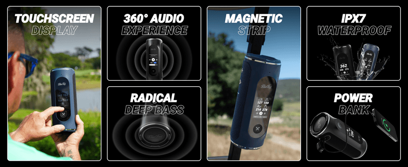 Blue Tees Golf Player+ GPS Speaker with Touch Screen Display, 10+ Hours Battery, 40,000+ Courses, Visual + Audible Distance, Hazard Distance - IPX7 Waterproof (Navy)