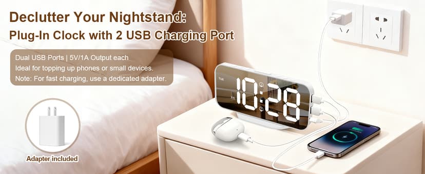 ALANAS Slim Digital Alarm Clock, Big Mirror Display with Dual USB Charger Ports, Dual Alarms, Snooze, 4-Level Adjustable Dimmer,for Bedroom, Office, Desk, Dorm, College Students, Home Decor,Gift