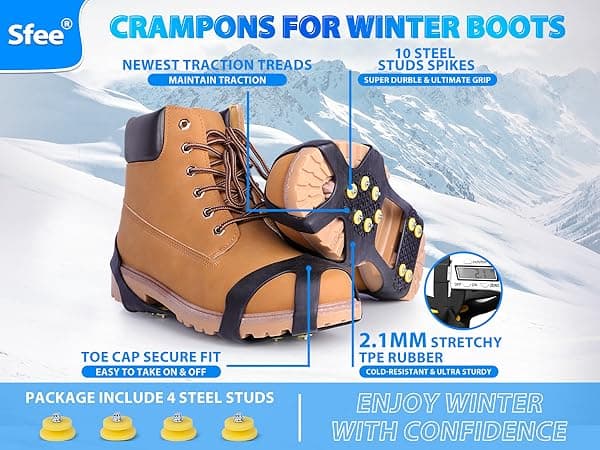 Sfee Ice Cleats for Boots Shoes, Snow Grips Cleats for Ice and Snow Anti-Slip Rubber Traction Cleats for Walking on Snow and Ice 10 Steel Studs Crampons for Hiking, Walking, Climbing, Jogging