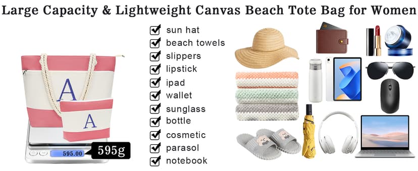 YOOLIFE Beach Bags for Women - Initial Canvas Tote Waterproof Bag with Makeup Bag Gifts for Women Mom Friend Birthday Her
