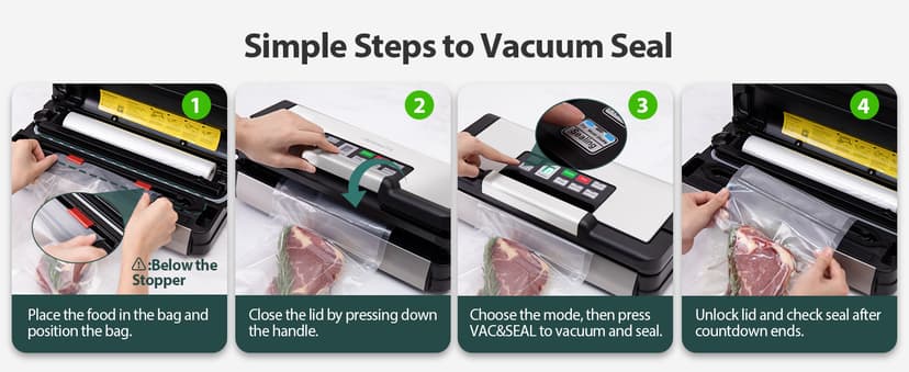 95kPa Vacuum Sealer Machine with AquaLock Technology, for Moist Seals, 2X Seal & 130W, Fully Automatic Food Sealer, Built-In Cutter, Bag Storage & Hose, Precision Sealing, 2 Bag Rolls,Stainless Steel