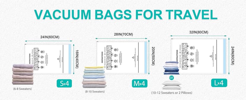 Vacuum Storage Bags with 3000Pa Wireless Pump for Travel, 12 Pack Vacuum Seal Bags for Clothing Travel, Compression Vacuum Bags for Clothes,Luggage,Blankets(4 Large, 4 Medium, 4 Small)