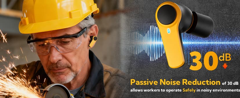ToolFun Bluetooth 6.0 Jobsite Earbuds, 70H Playtime, IP56 Waterproof, 30dB SNR Noise Cancelling, ENC, Heavy Duty True Wireless Ear Buds for Outdoor Work, Construction with 12pcs Earplugs