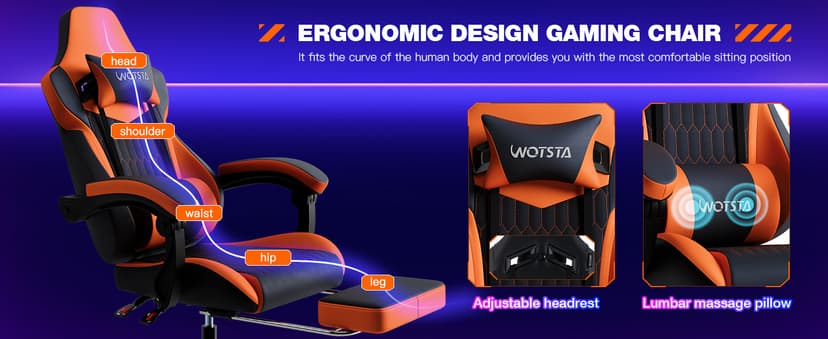 Gaming Chair with Footrest, High Back Gaming Chairs PVC Leather Ergonomic Gamer Chair with Adjustable Headrest Lumbar Support Racing Style Video Gaming Chair for Office/Home (Black Orange)