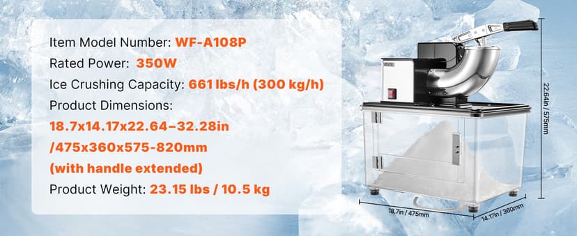 VEVOR Commercial Ice Crusher 661LBS/H, 350W Electric Snow Cone Machine with 4 Blades, 2000RPM Stainless Steel Shaved Ice Machine with 11 Gal Crushed-Ice Box, for Family Restaurants Bars, Black