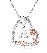 Iefil Rose Heart Necklaces Gifts for Women - 925 Sterling Silver Heart Initial Necklace, Anniversary Birthday Gifts for Women, Jewelry Gift for Wife Wife Girlfriend Mom