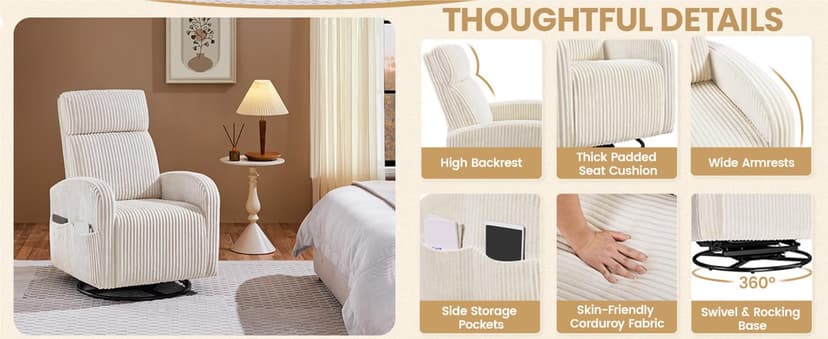 Yaheetech 360° Swivel Glider Chair for Nursery, Rocking Chair Nursing Chair with Side Pockets, Corduroy Glider for Living Room with High Back Beige