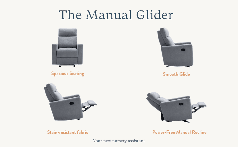 Nurture& The Manual Glider Premium Modern Recliner Nursery Glider Chair with Spill, Stain Proof Fabric | Designed with a Thoughtful Combination of Function and Comfort | Water Repellant (Gray)