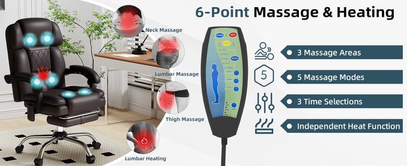 HOMREST 6-Point Massage Office Chair with Heat, Ergonomic Reclining Desk Chair with Footrest, PU Leather Executive Chairs for Home Office, Massaging Computer Chair Gift for Men, Brown