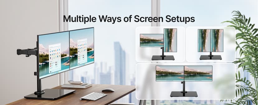 monTEK Freestanding Dual Monitor Stand with Sleek Glass Base for 17-32 inch Screens, Heavy-Duty Dual Monitor Mount Holds 22 lbs per Arm, Fully Motion Height Adjustable, VESA 75/100 MM
