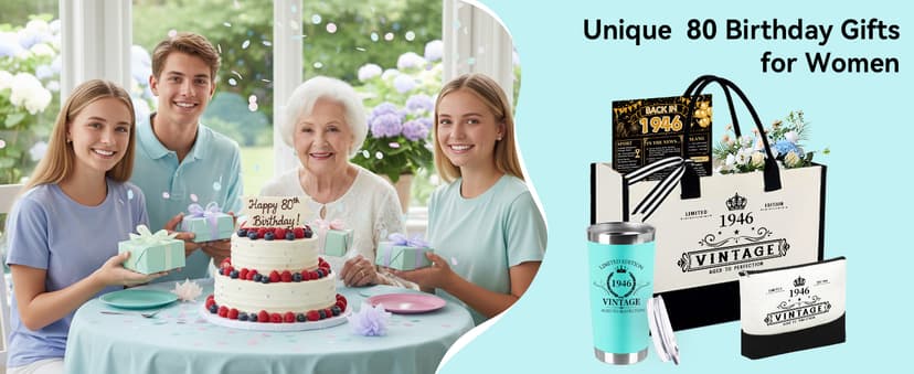 80th Birthday Gifts for Women Her- 4 pcs, Turning 80 Year Old Gifts, Decorations Canvas Beach Tote Bag & Makeup Bag, Unique Happy 80th Birthday gifts for Her Mom Wife Friends