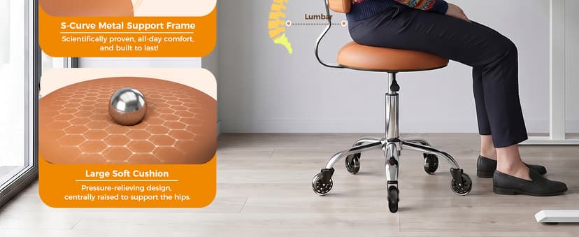 Rolling Stool Chair with Wheels, Office Drafting Chair with Back Support, Height Adjustable Standing Desk Stool with PU Leather Cushion for Home Office Kitchen Vanity Spa Garage Tattoo Dentist, Camel