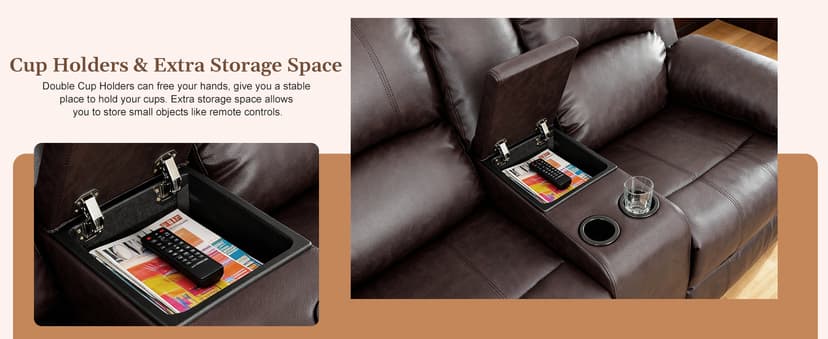 Saxum Tegmen Living Room Furniture Sets, Leather Recliner Sofa, Sectional Sofa Set with Convertible Table & Cup Holders, 3 Pieces Furniture for Living Room/RV/Office (3 Pieces Set, Brown Leather)