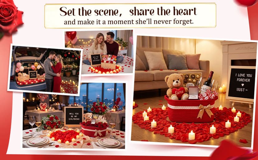 Basket Set with Letter Board, 1000 Rose Petal, 12 Heart LED Light, Romantic Gift Girlfriend Asking Anniversary Surprise Decor Ceenna Will You Be My Girlfriend Proposal Kit, Red, Cute