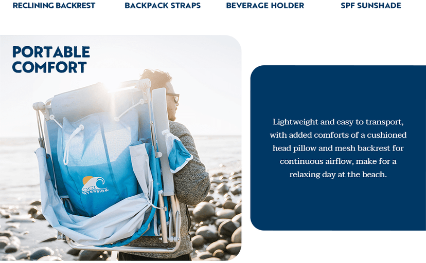GCI Outdoor Sunshade Backpack Beach Chair | Reclining Folding Canopy Chair with Durable Armrests, Drink Holder & Carry Straps, Perfect for Beach Trips & Picnics — Saybrook Blue