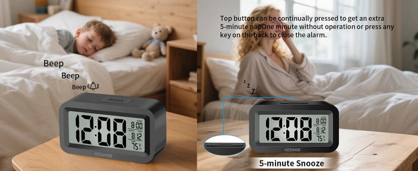 KESHIDE Travel Digital Alarm Clock, Battery Operated with Indoor Temperature, Desk Small Clock,Snooze Model,12/24H Display for Bedrooms Heavy Sleepers Kids Travel Bathroom (Black)