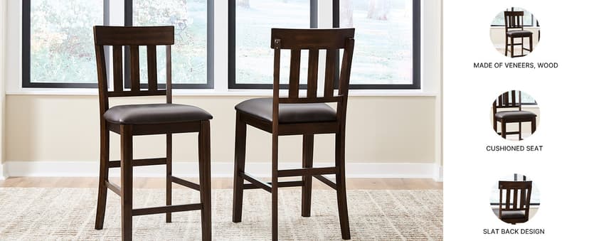 Signature Design by Ashley Haddigan Upholstered Barstool, 2 Count, Slat Back Design, Cushioned Seat, Wood, 25.5" H, Dark Brown