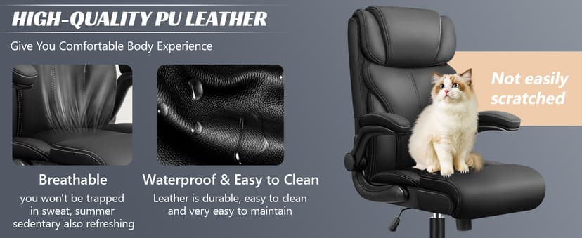 HeroSet Office Chair, Ergonomic Big and Tall Computer Desk Chairs, Executive Breathable Leather Chair with Adjustable Flip-up Armrests, Lumbar Support Swivel PC Chair with Rocking Function