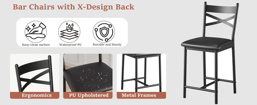 22" Bar Stools Set of 4, Counter Height Bar Stools with PU Upholstered Seat, Metal Frame Kitchen Bar Chairs with X-Design Back and Footrest for Kitchen Island, Counter Bar, Dining Room, Black
